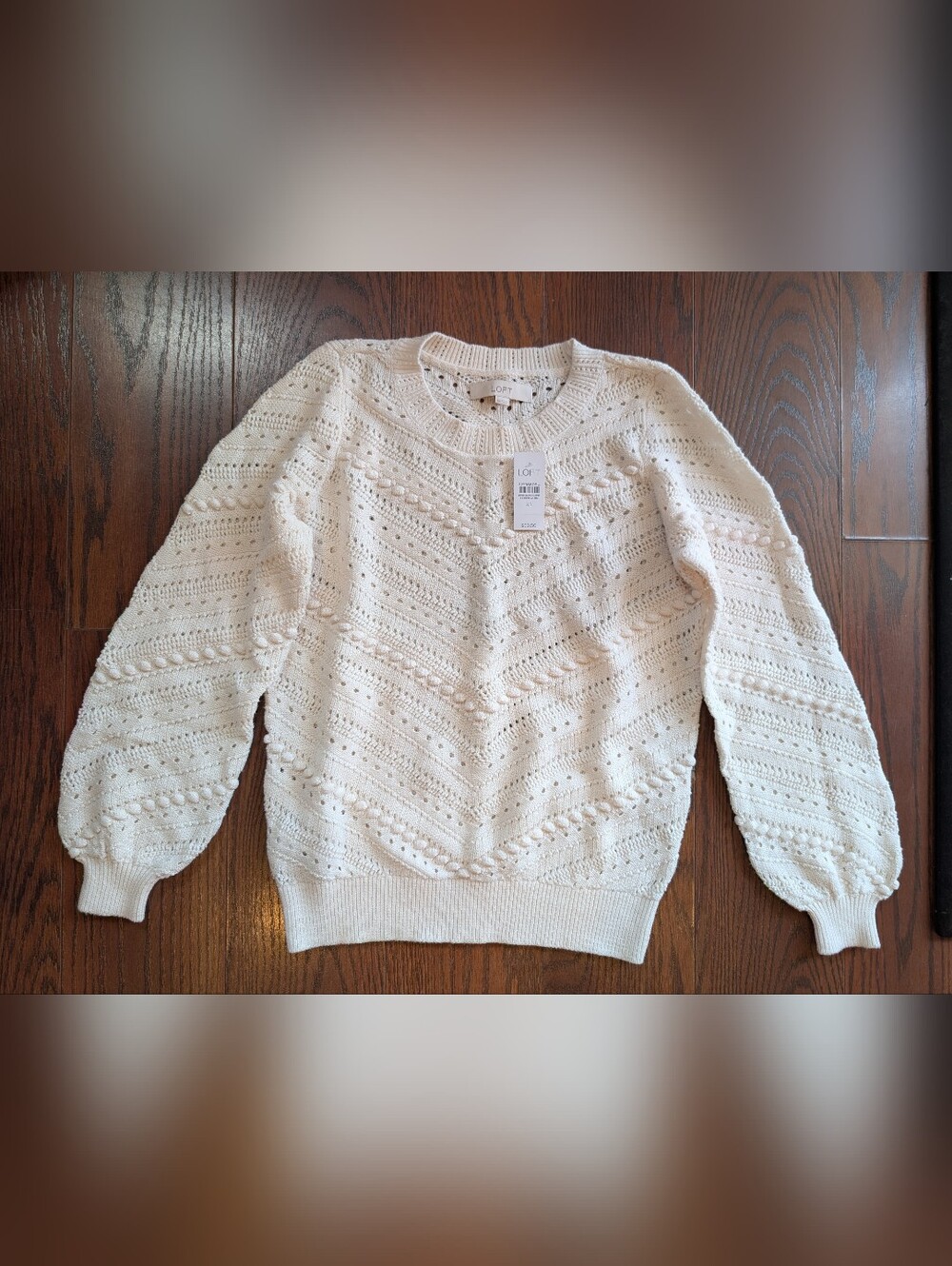 LOFT New Cream Open Knit Crewneck Sweater Cottagecore Office Cozy Cotton XS